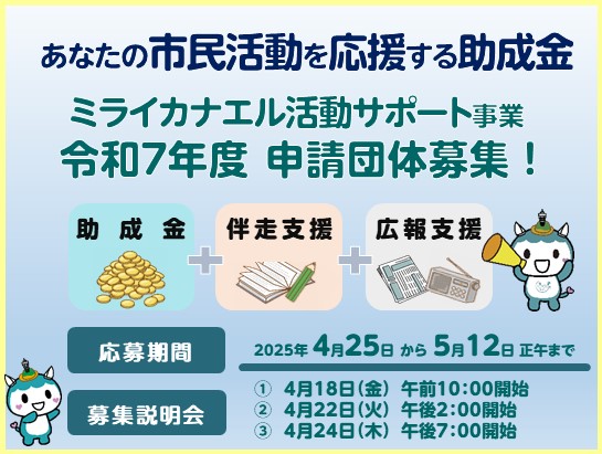 市民活動の活動費を助成する「ミライカナエル活動サポート事業」募集