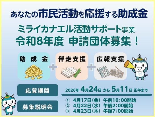 市民活動の活動費を助成する「ミライカナエル活動サポート事業」募集